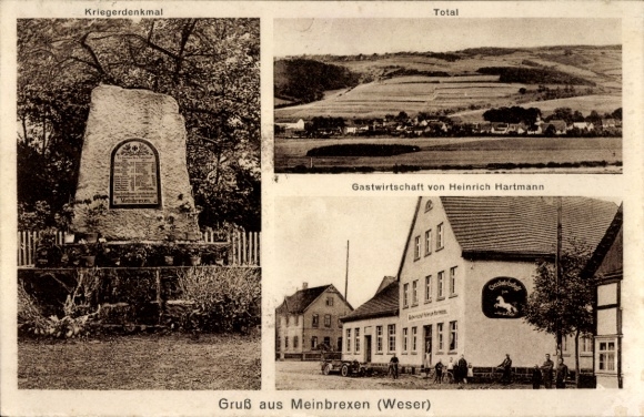 Ak Meinbrexen Lauenförde Weserbergland, Kriegerdenkmal, Panorama, Gastwirtschaft Heinrich Hartmann