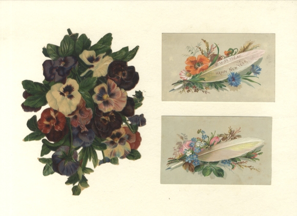 1 Oblate Stiefmütterchen, 2 Glanzbilder Blumen mit Feder, ca. 16 x 12 cm und 7 x 11 cm