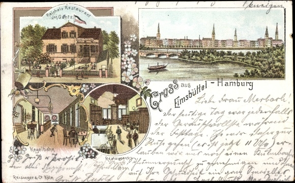 Chromo-Litho Hamburg Eimsbüttel, Reichel&#39;s restaurant, bowling alley, interior view