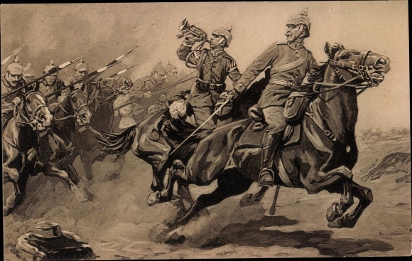 Artist PC Schulz Steglitz, Curt, attack of German dragoons in the battle of the Marne, I. WW