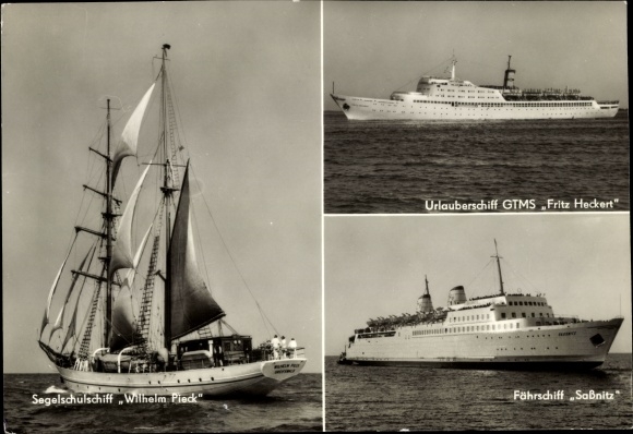Postcard sail training ship Wilhelm Pieck, holiday ship GTMS Fritz Heckert, ferry Sassnitz
