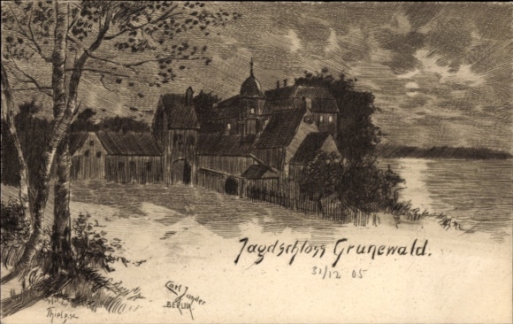 Artist Postcard Thiel, Berlin Wilmersdorf Grunewald, Hunting Lodge Grunewald, night view