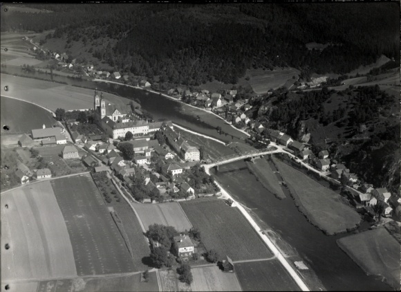 Postcard Pielenhofen in the Upper Palatinate, a village with a church, surrounded by fields and a river.