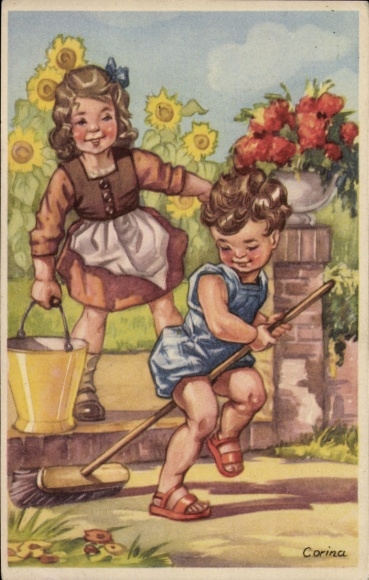 Künstler Ak Corina, Kinder beim Putzen