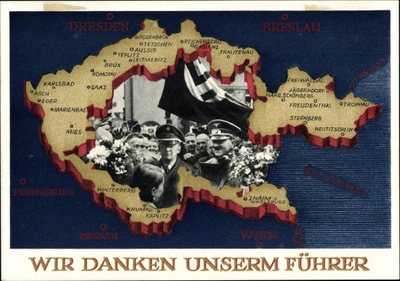 Postal stationery Postcard We thank our leader, Sudetenland, Bohemia, Moravia, Hitler