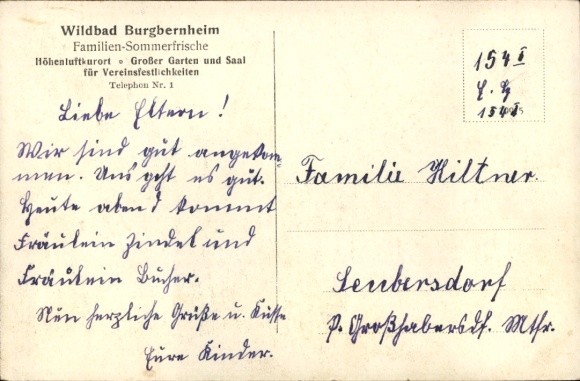 Postcard Wildbad Burgbernheim Middle Franconia Bavaria, high-altitude health resort, large garden, hall, family...