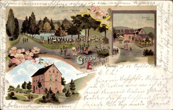 Chromo-Litho Edenhall Aerzen in the Weserbergland, station restaurant Möller, garden, pond