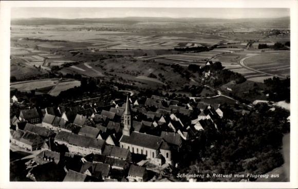 Postcard Schömberg in the Black Forest Württemberg, aerial view of church visible, rural surroundings, s