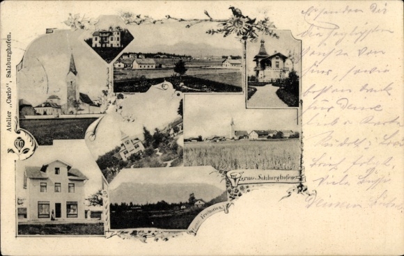 Postcard Salzburghofen Freilassing in Upper Bavaria, general view, church, villa