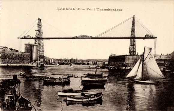 Ak Marseille Bouches du Rhône, Pont Transbordeur, Hafen, Boote, Schriftzug Marseille