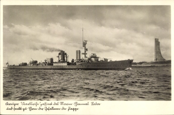 Postcard Naval Memorial Laboe, German warship, cruiser Karlsruhe, Kriegsmarine, lowered flag