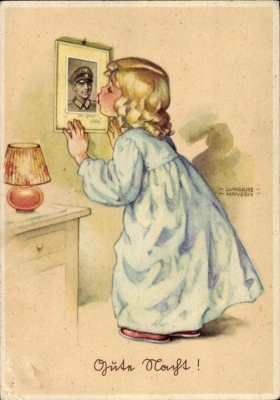 Kunstenaarskaart Lungershausen, Ilse Wende, welterusten, Wehrmacht-soldaat, meisje, kus