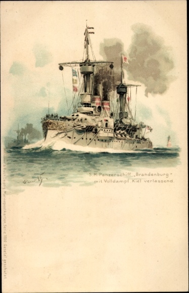 Kunstenaar litho Bohrdt, Hans, Duits oorlogsschip, SMS Brandenburg, Panzerschiff