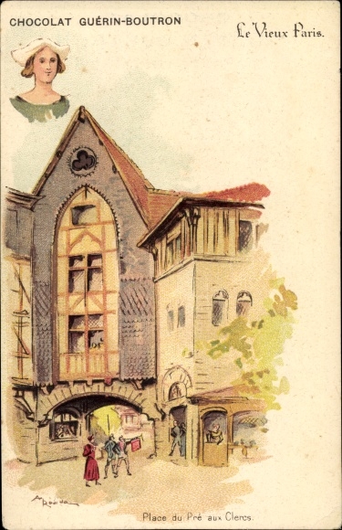 Artist Chromo-Litho Robida, Albert, Paris, Chocolat Guerin Boutron, advertising, Cour du Pre aux Clercs