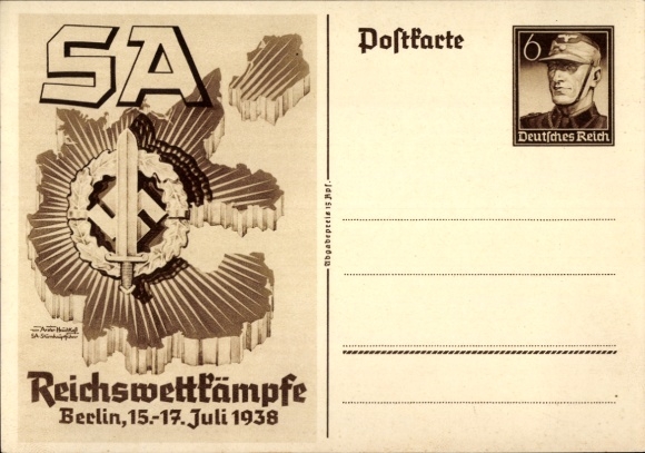 Postal stationery artist PC Axster Heudtlaß, SA Reich competitions Berlin 1938