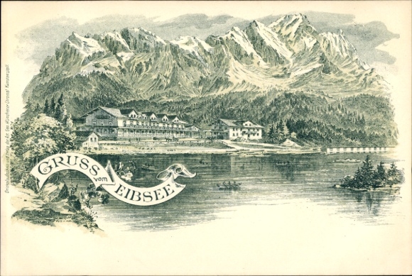 Chromo-Litho Grainau in Upper Bavaria, Eibsee, view over the lake