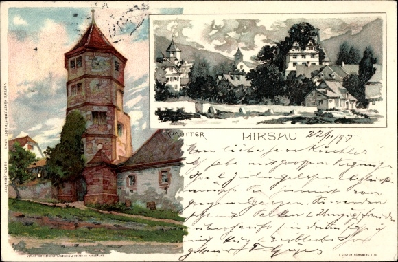 Artist Chromo-Litho mother, K., Hirsau Calw in Baden Württemberg, view of a tower, houses