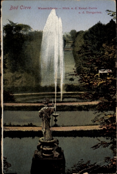 Ak Bad Cleve Kleve am Niederrhein,  Wasserkünste, Blick auf Kanal-Partie, Tiergarten, Statue