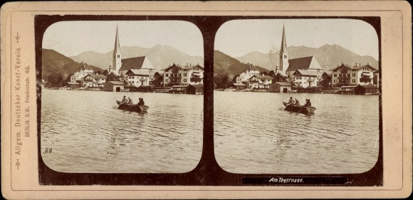 Stereo Foto Rottach Egern im Kreis Miesbach Oberbayern, Ruderboot, Ortsansicht, Tegernsee