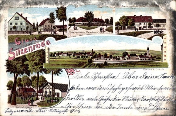 Chromo-Litho Sitzenroda Belgern Schildau in North Saxony, Inn z. goldenen Lamm und Fass, Church, School