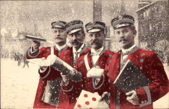Picture Four Postmen in Red Uniforms