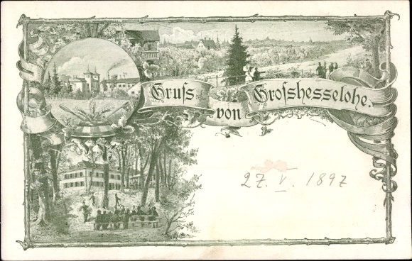 Chromo-Litho Großhesselohe Pullach in the Isar valley, village, forestry