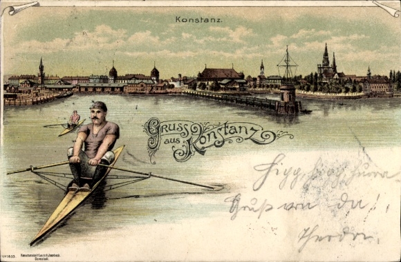 Litho Konstanz am Bodensee, Panorama, Ruderer