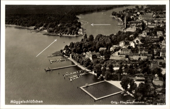 Ak Berlin Köpenick Friedrichshagen, luchtfoto van Müggelsee, boten, kust, huizen