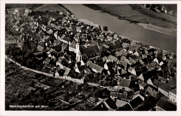 Postcard Marktheidenfeld am Main Lower Franconia, aerial view of the Main River, architecture