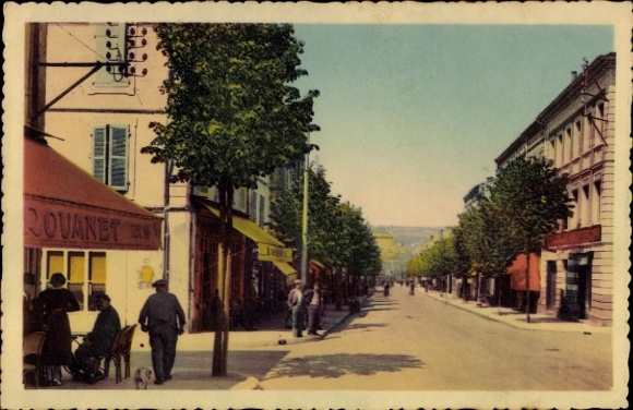 Postcard Carmaux Tarn, street with trees, shops, people, clear sky, ROUANET