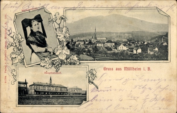 Passepartout Ak Müllheim in Baden Hochschwarzwald, Panorama, Hauptbahnhof, Markgräflerin