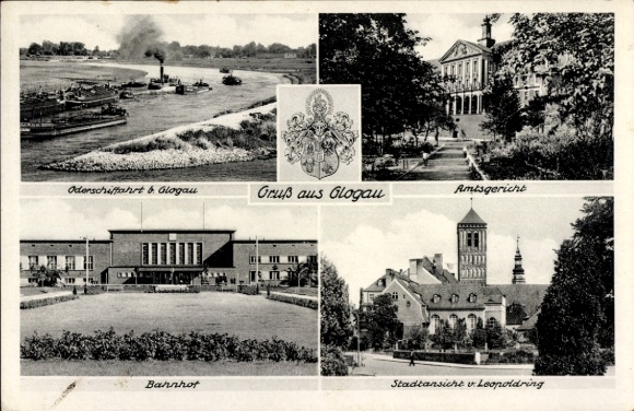 KP Głogów Głogowski Śląsk, żegluga Odra, parowiec, sąd rejonowy, dworzec kolejowy
