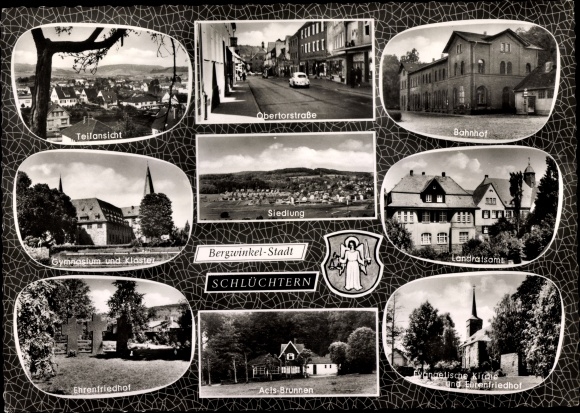 Postcard Schluechtern in Hessen, district office, honorary cemetery, partial view, Ev. Cemetery of honor, railway station