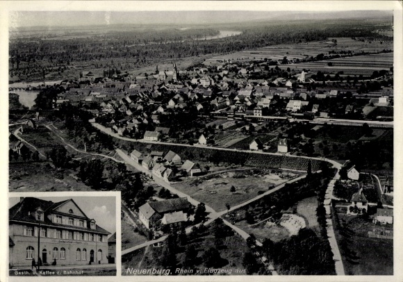 Postcard Neuenburg am Rhein Baden, aerial photograph, restaurant and cafe at the train station