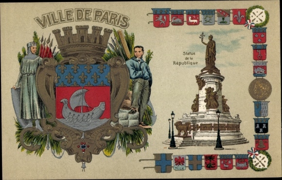 Wapenschild in reliëf litho Paris III, Ville de Paris, Statue de la Republique