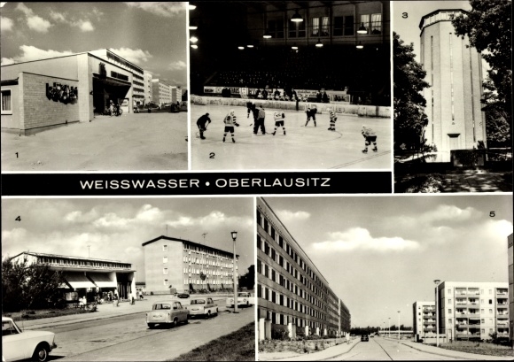Postcard Weißwasser Oberlausitz, residential complex IV, HO Minute store, water tower, ice rink Wilhelm Pieck