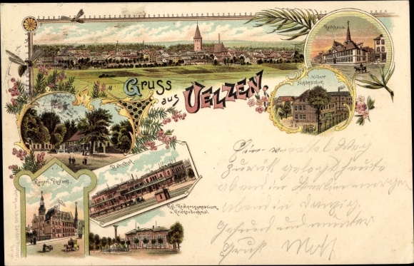 Chromo-Litho Uelzen in Lower Saxony, total view, Fischerhof, train station, post office, town hall, high school
