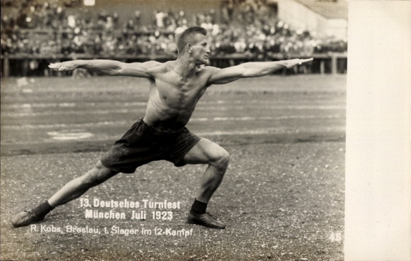 Photo Postcard 13th German Gymnastics Festival Munich July 1923, R. Kobs from Breslau, 1st winner in the 12-fight