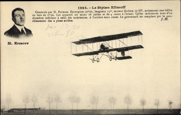 Postcard Le Biplan Efimoff, Construit par H. Farman, Flight Pioneer