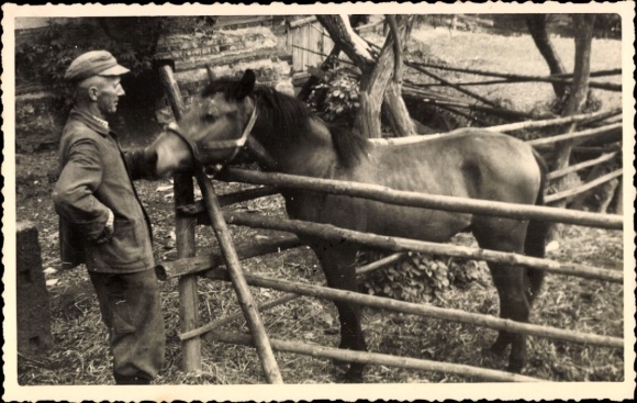 Photo Postcard Man with a horse, wooden fence