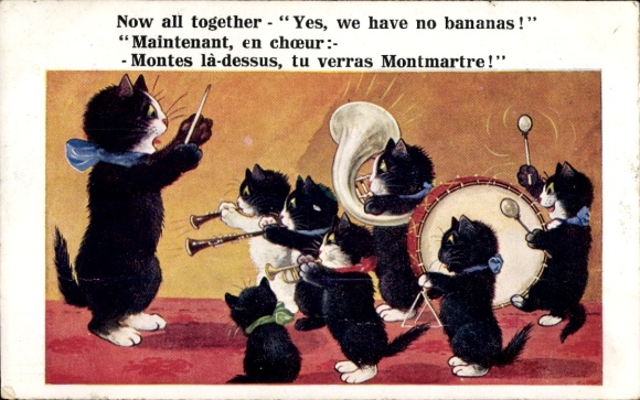 Artist Postcard Cats making music, timpani, wind instruments, triangle