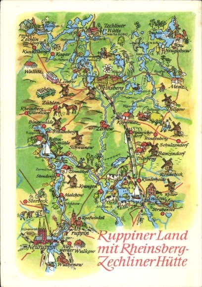 Postcard Darritz Wahlendorf Ruppiner Land, map of the Ruppiner Land, cities and waters, colorful times...