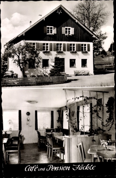 Ak Maierhöfen im Allgäu, Café en Pension Jäckle, gebouwaanzicht, interieur met tafels
