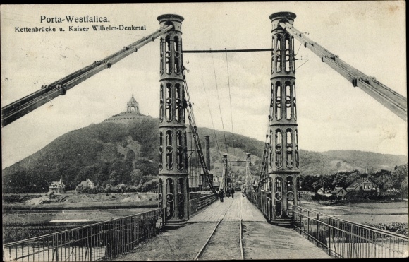 Postcard Porta Westfalica in North Rhine-Westphalia, Chain Bridge, Kaiser Wilhelm Monument