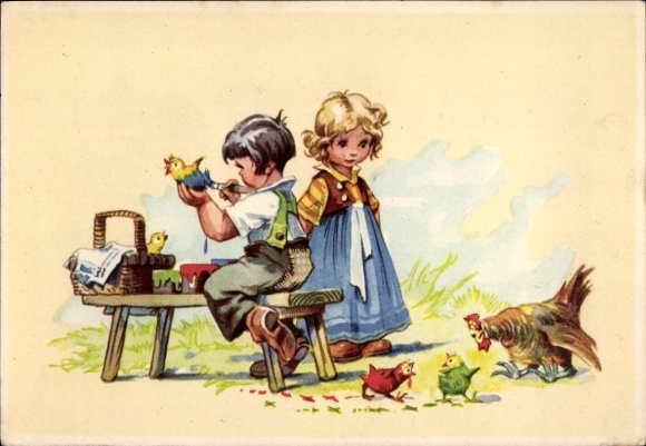 Artist Postcard Salac, AL, boy paints chicks with paint, girl, hen