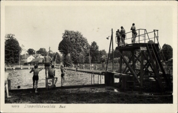 Dippoldiswalde lake in the Ore Mountains, bathers at the lake, diving tower, wooden jetty, trees, 5 on the jump...