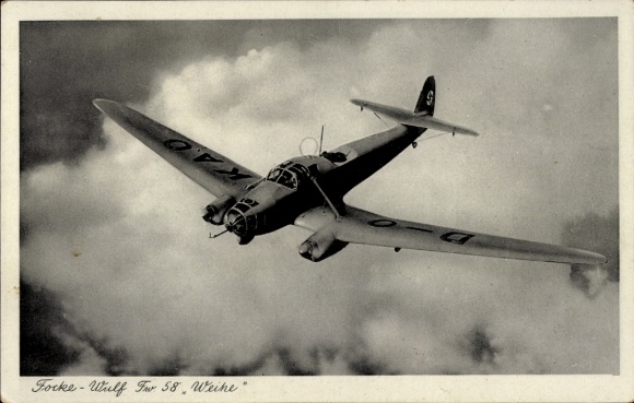 Postcard Focke Wulf FW 58 Weihe, German Wehrmacht, Luftwaffe, fighter aircraft, D-OKAO, WWII