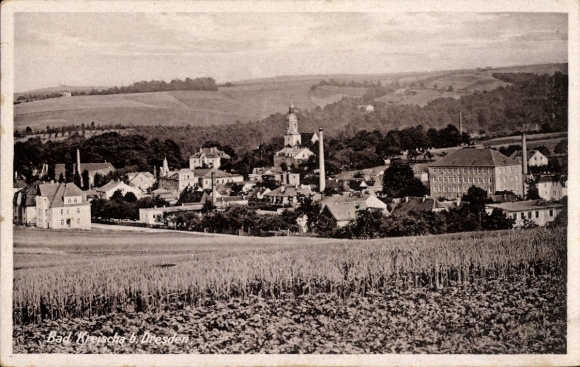 Postcard Kreischa near Dresden, town view with buildings, fields, church tower, rural scene