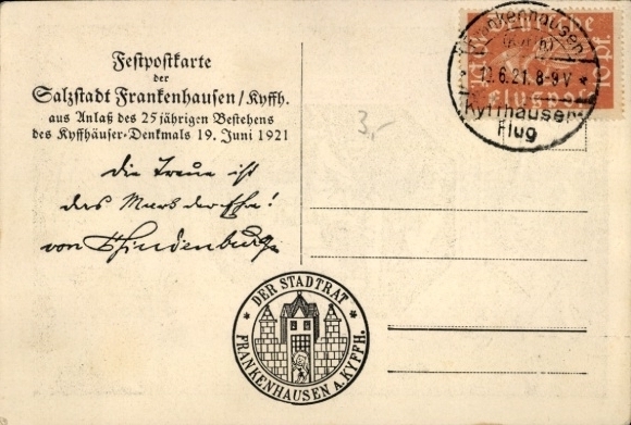 Ak Bad Frankenhausen am Kyffhäuser Thüringen, 25jähr Bestehen des Kyffhäuser-Denkmals 1921