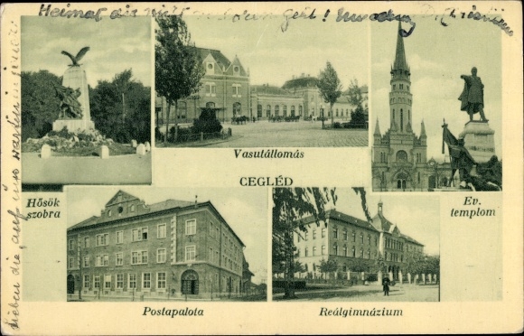 Postcard Cegléd Czegléd Ungarn, Realgymnasium, Ev. church, Vasutallomas, Postal Palace, Bahnhof